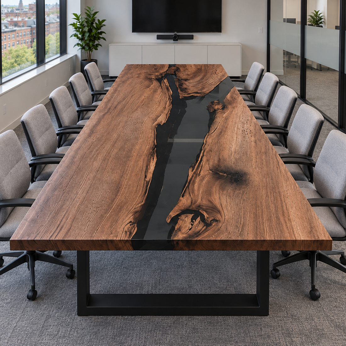 Wood and dark resin conference table surrounded by gray chairs.