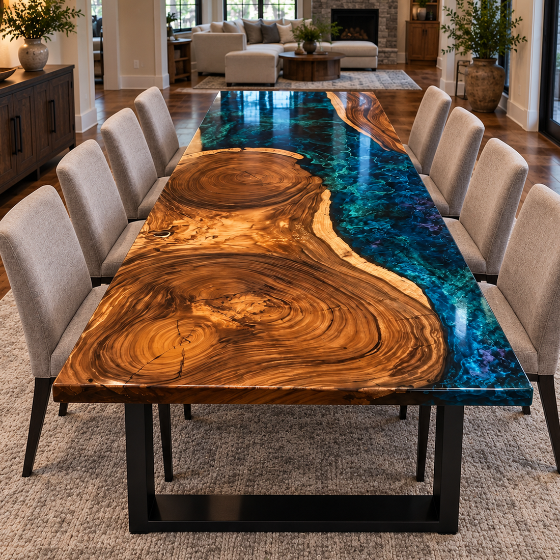 Wood and blue-green resin dining table viewed along its length in a dining room.