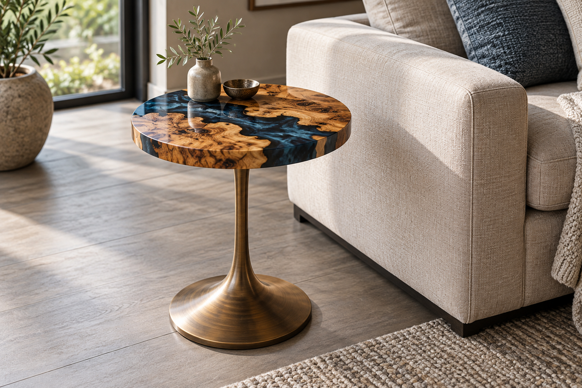 Round olive-wood resin side table beside a sofa