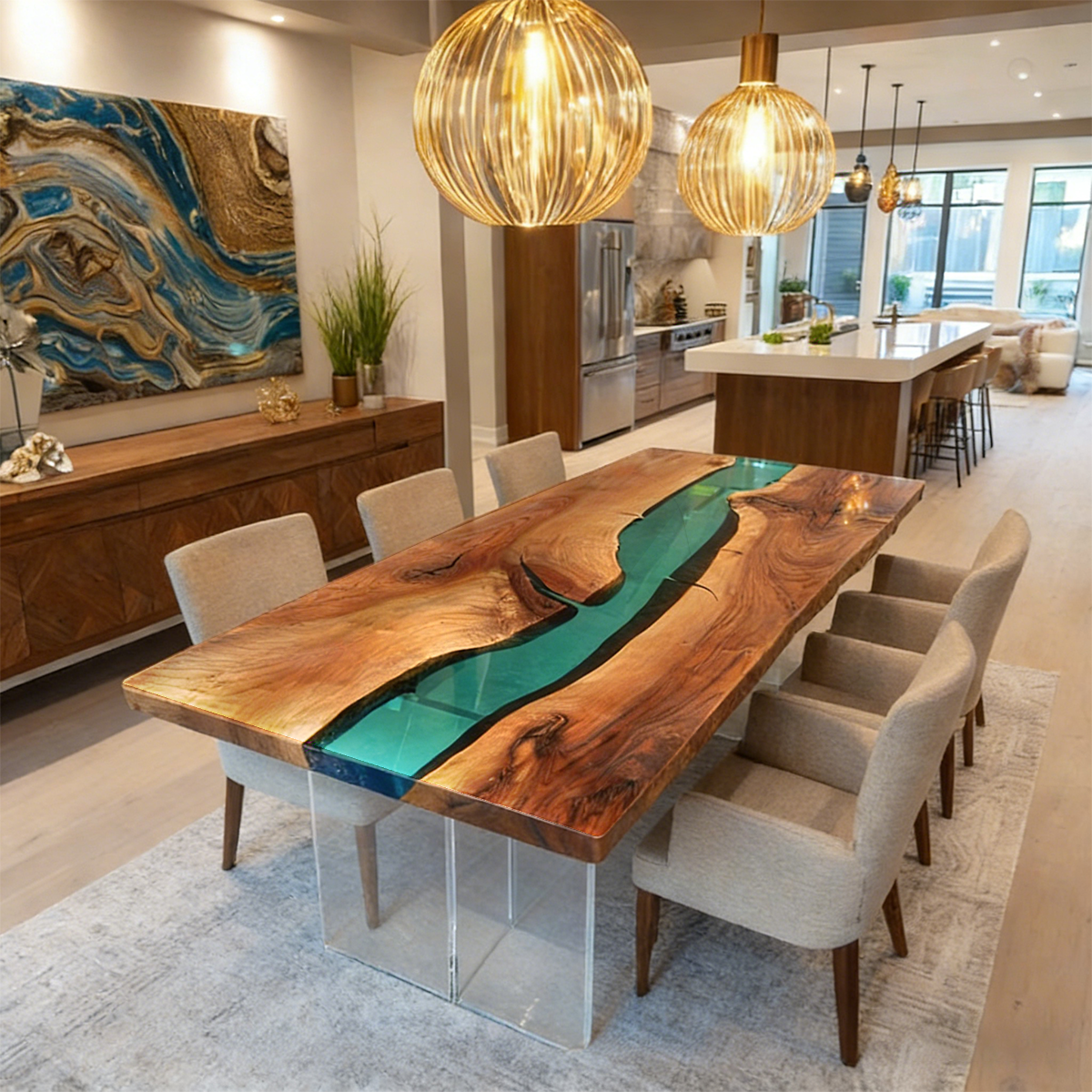 Green River Walnut Wood Rectangle Epoxy Resin Coffee Table