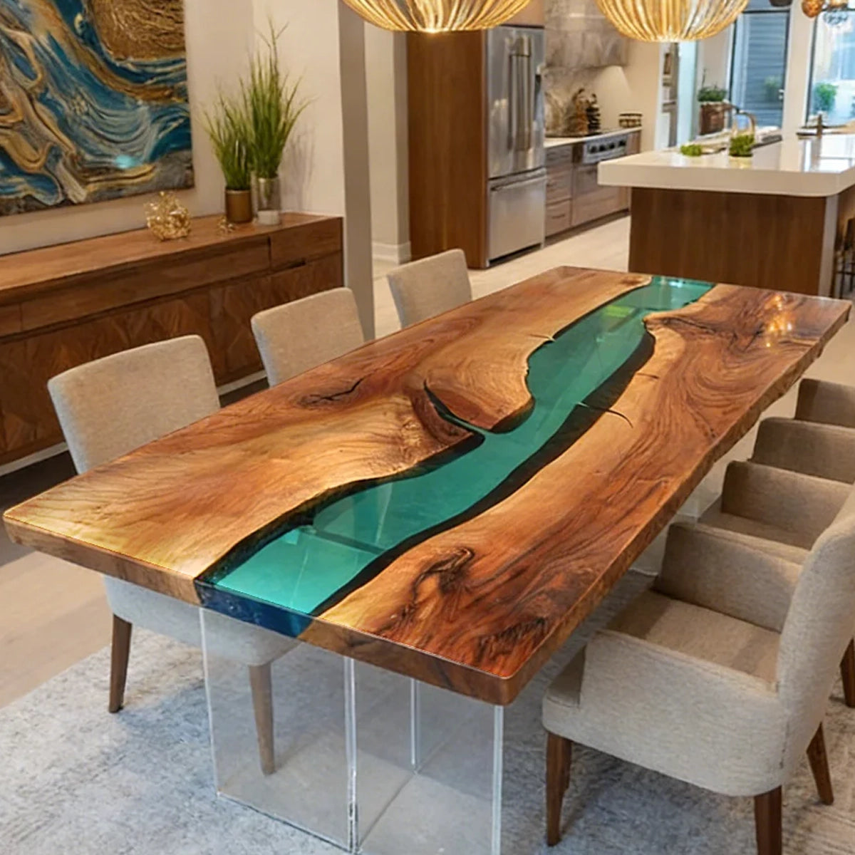 Green River Walnut Wood Rectangle Epoxy Resin Coffee Table