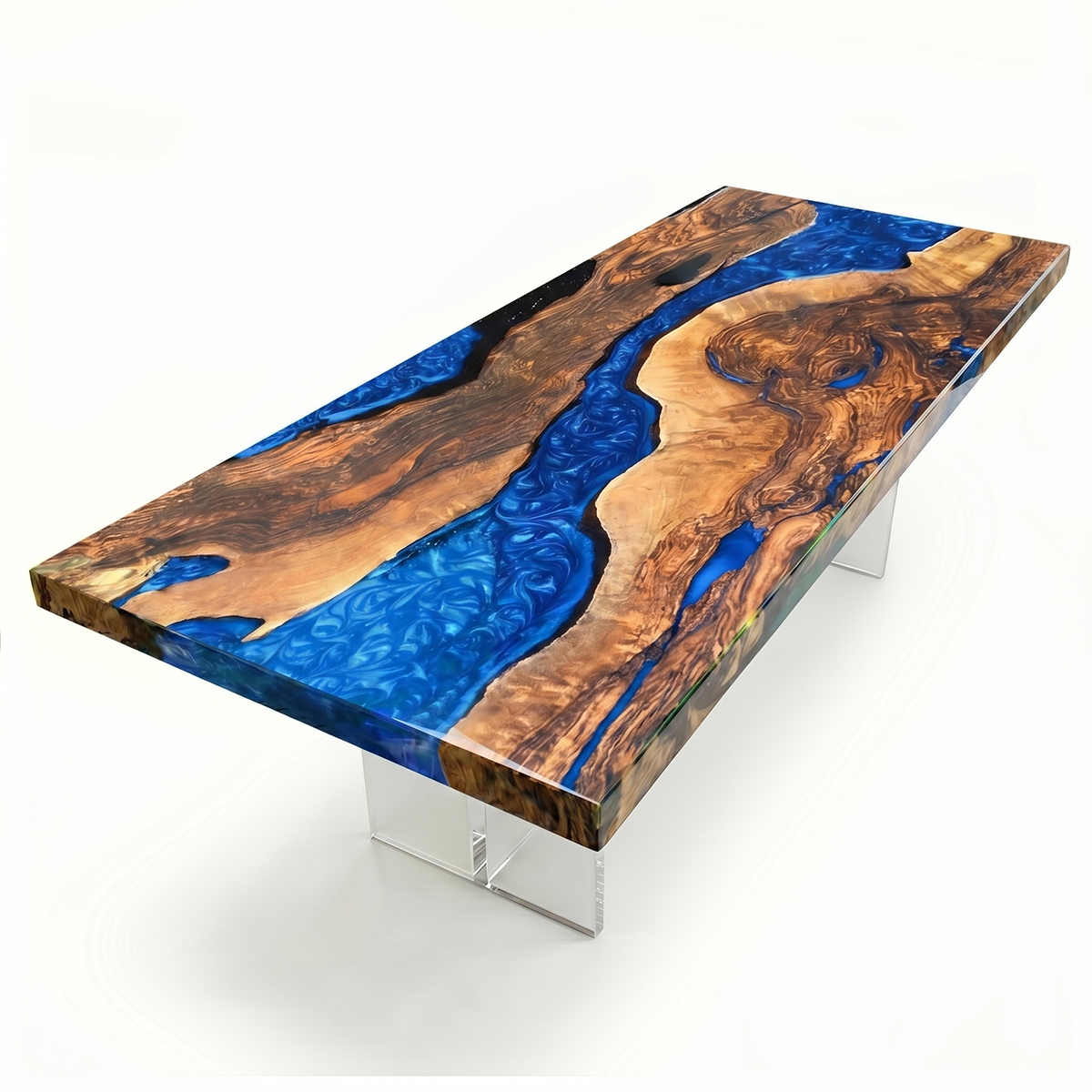 Burl Wood Deep Blue Swirl Epoxy Resin River Dining Table