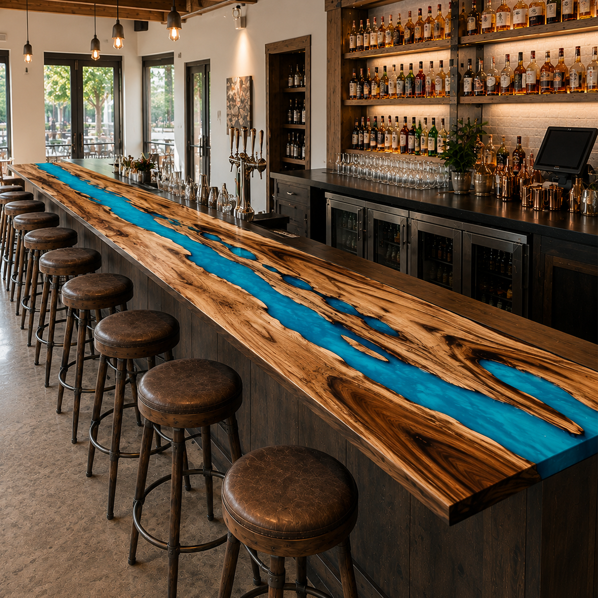 Walnut Wood Ocean Wave Inlay Counter Height Epoxy Resin Bar Table