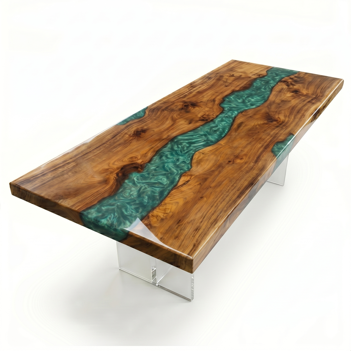 Live-Edge Walnut Wood Swirl Green Epoxy Resin River Table