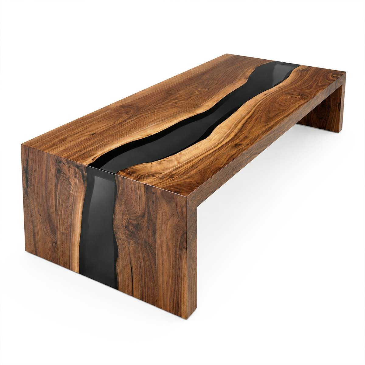 Walnut Wood Black River Epoxy Resin Waterfall Coffee Table