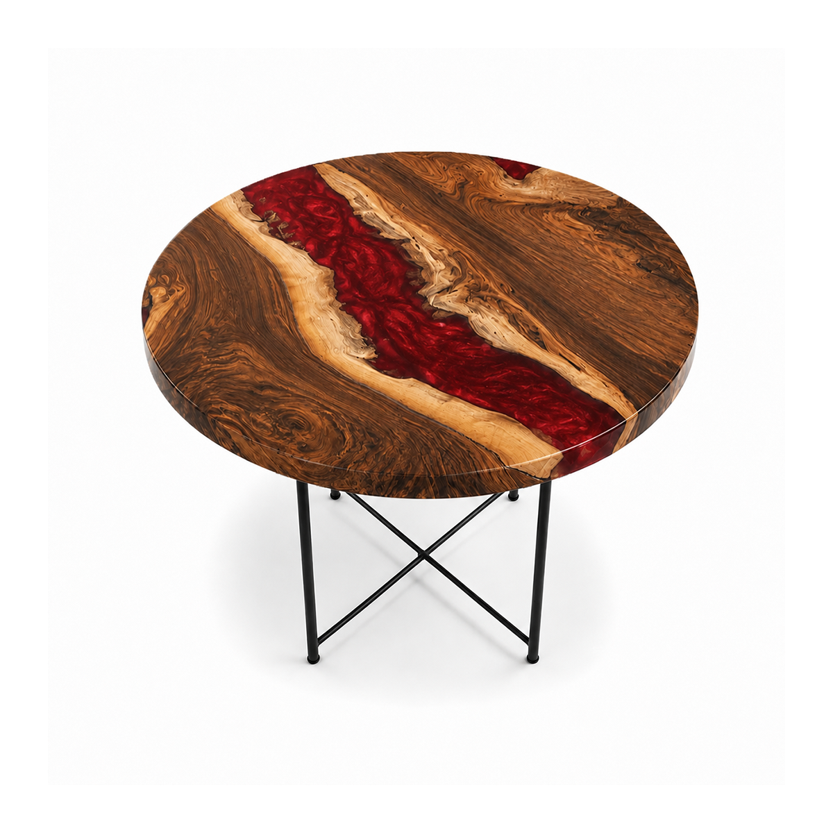 Walnut with Red Epoxy Resin Round Dining Table