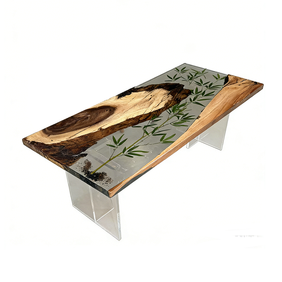 Bamboo Inlay Walnut Wood Resin Coffee Table