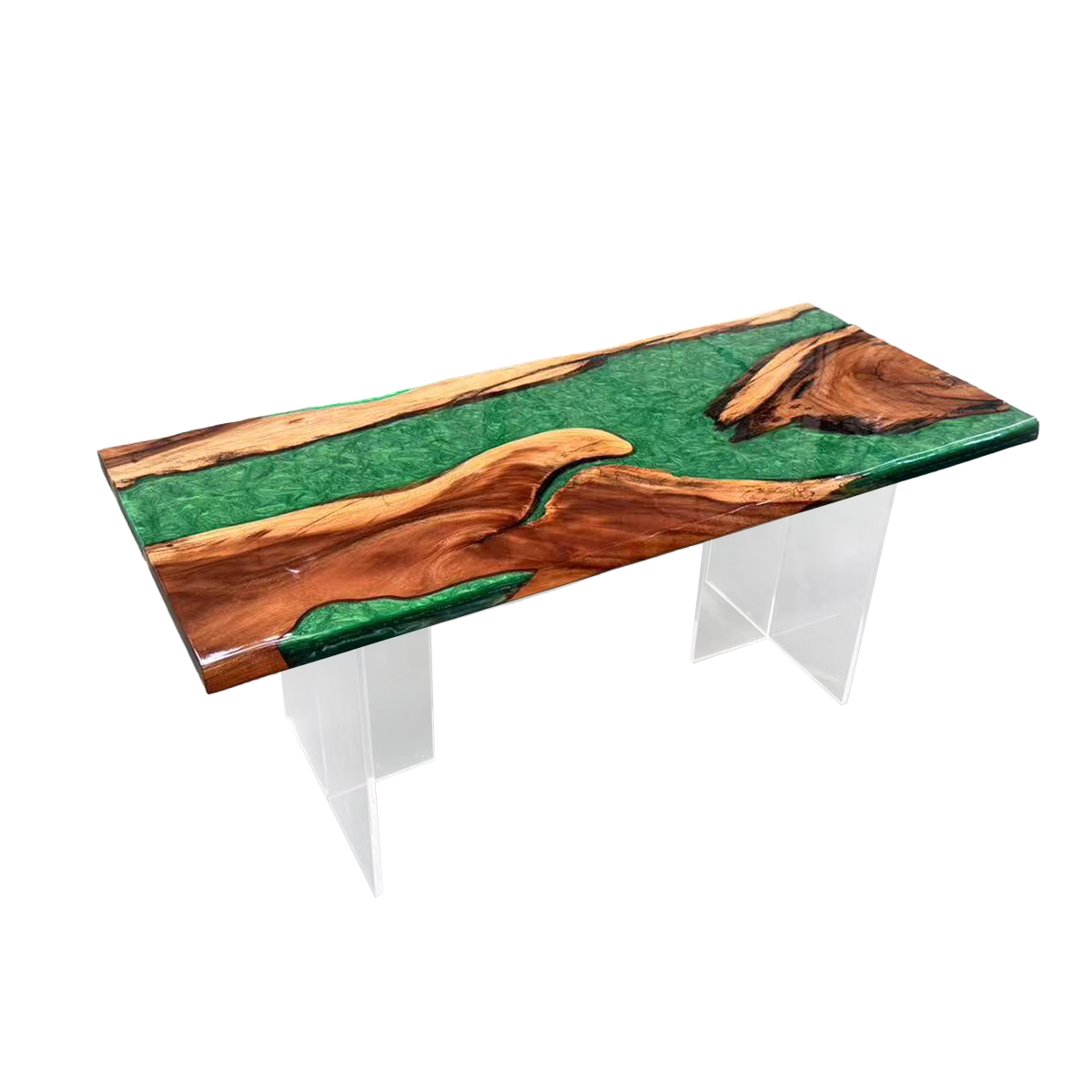 Walnut Wood Rectangle Green Epoxy Resin River Dining Table