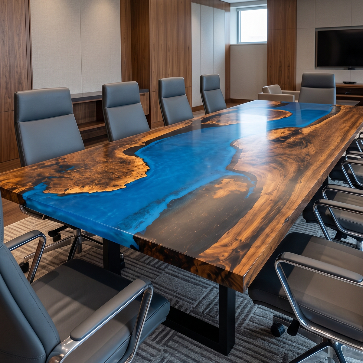 Luxury Black Walnut Wood Blue River Epoxy Conference Table