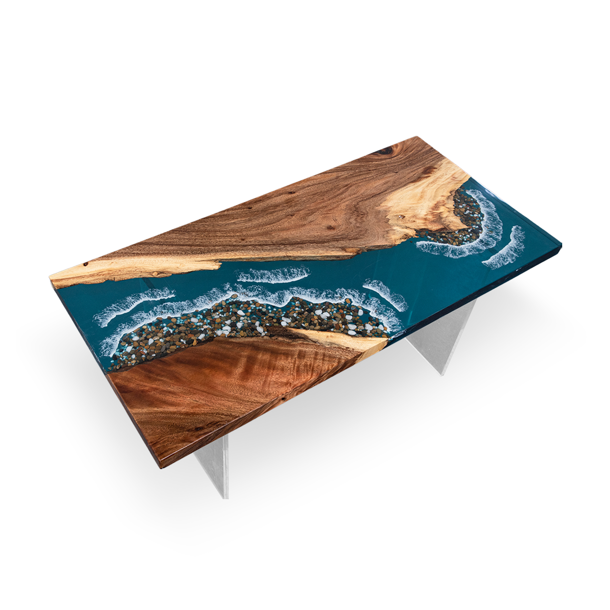 Walnut Wood Teal Ocean Wave Rectangle Resin coffee table