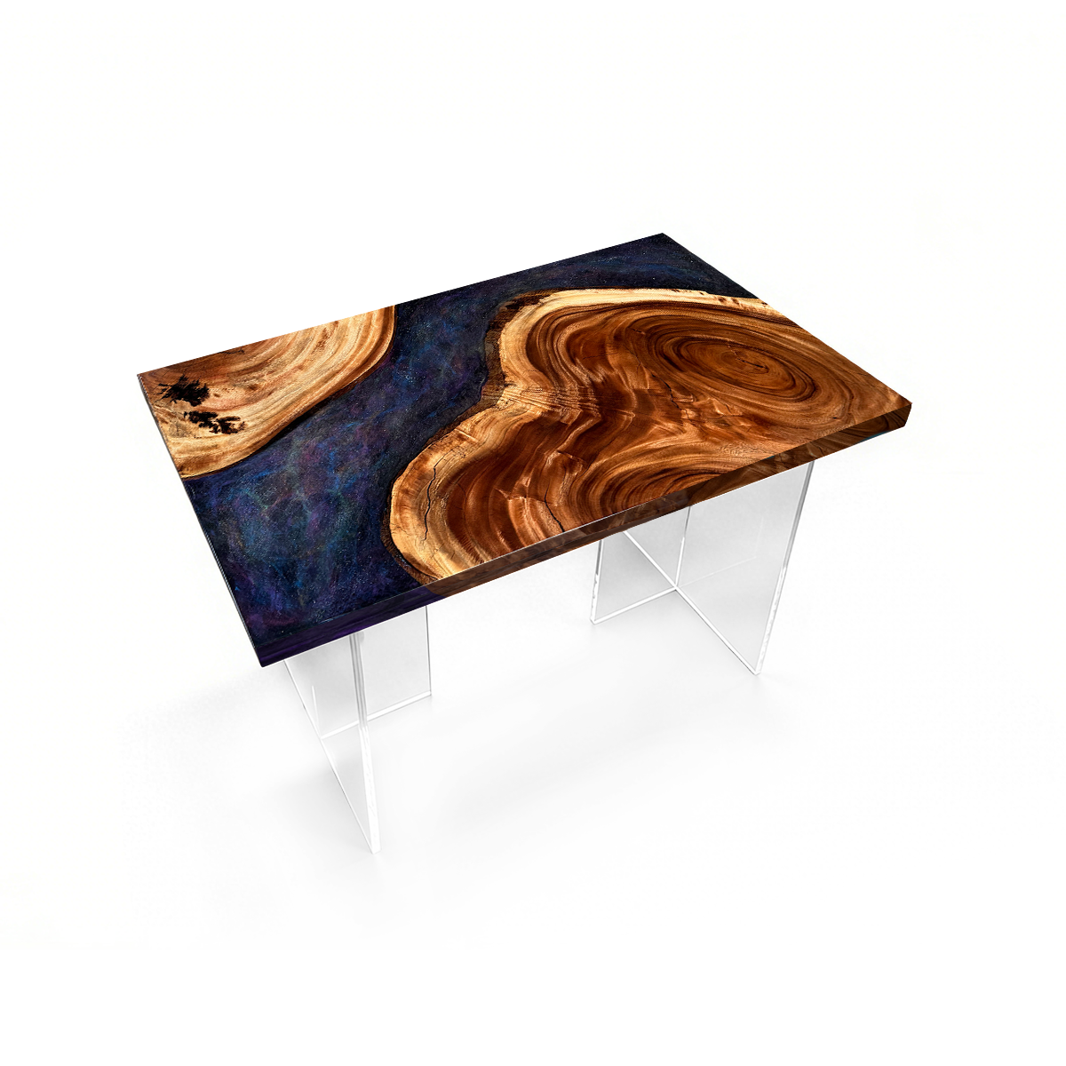 Rectangular Burl Wood Deep Blue Starry Epoxy Resin Dining Table