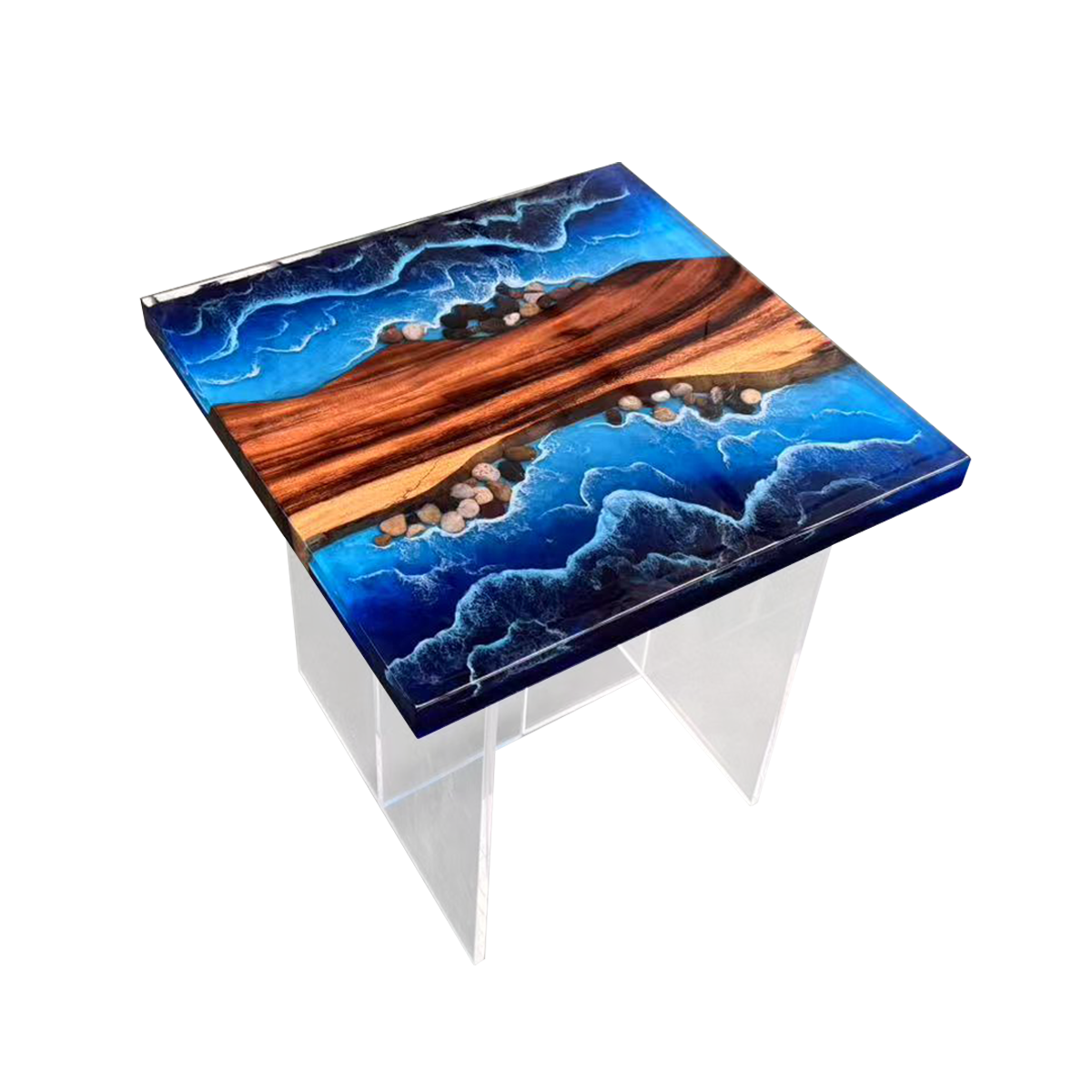 Walnut Wood Ocean Wave Resin Side Table