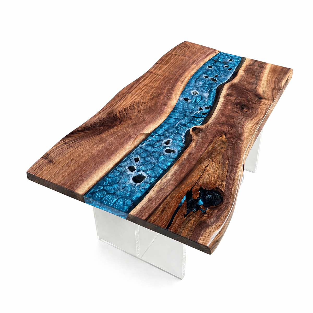 Walnut Wood Epoxy Resin Turquoise Stream Dining Table
