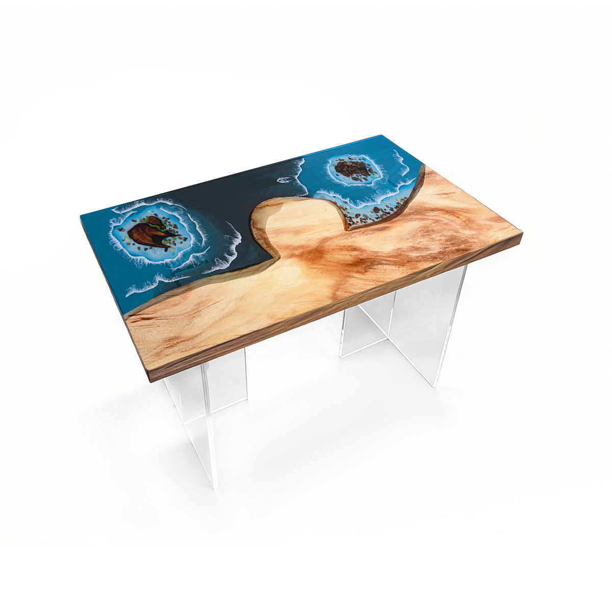 Walnut Wood Blue Wave Rectangle Resin Coffee Table