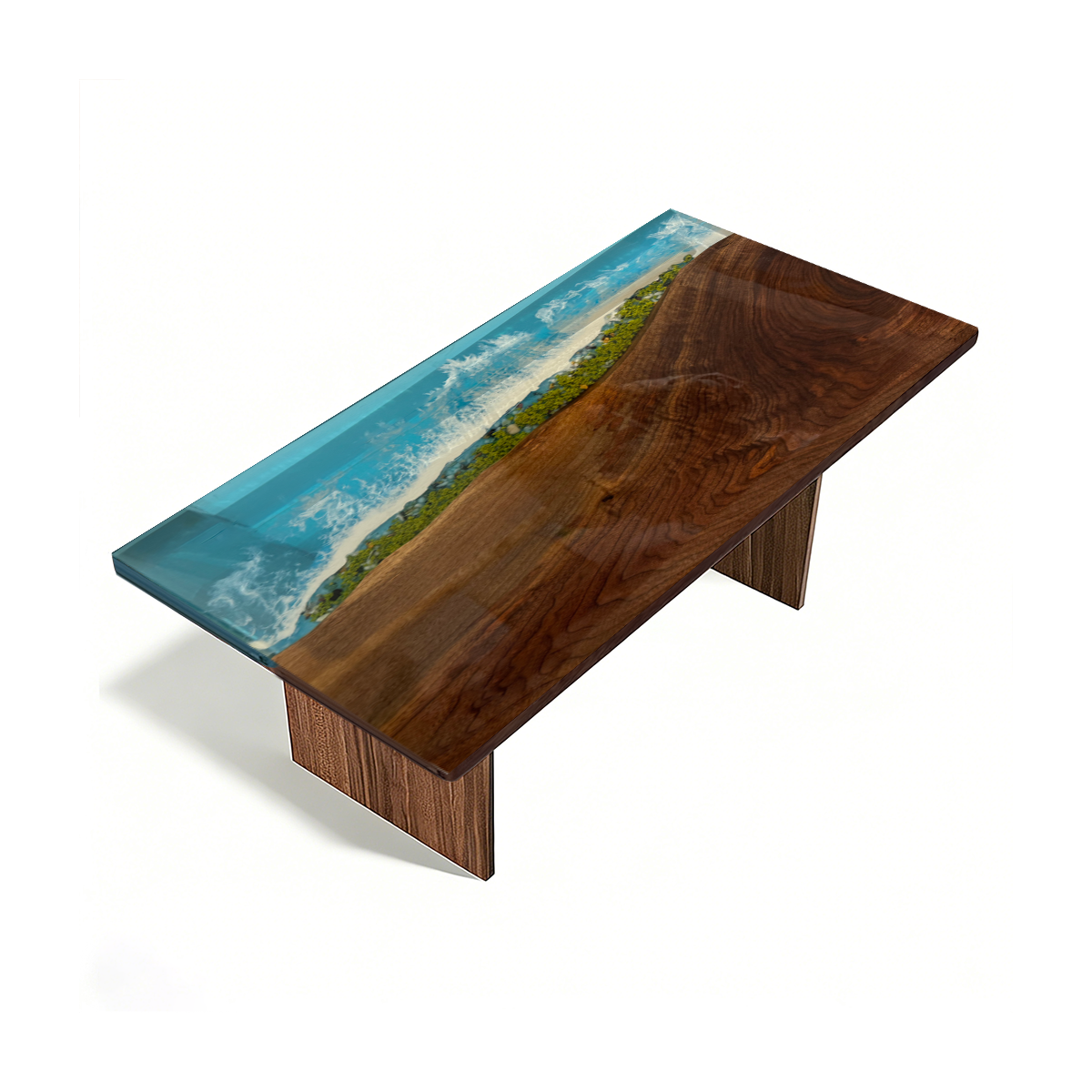 Black Walnut Wood Blue Wave Rectangle Resin Coffee Table