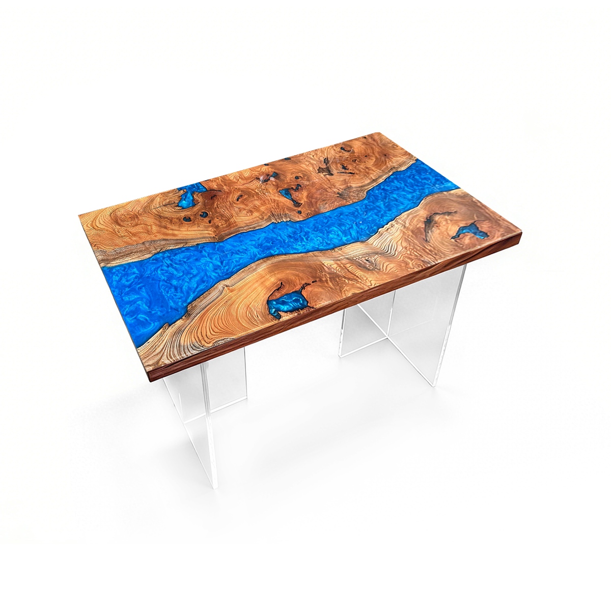 Walnut Wood Blue River Rectangle Epoxy vResin Dining Table