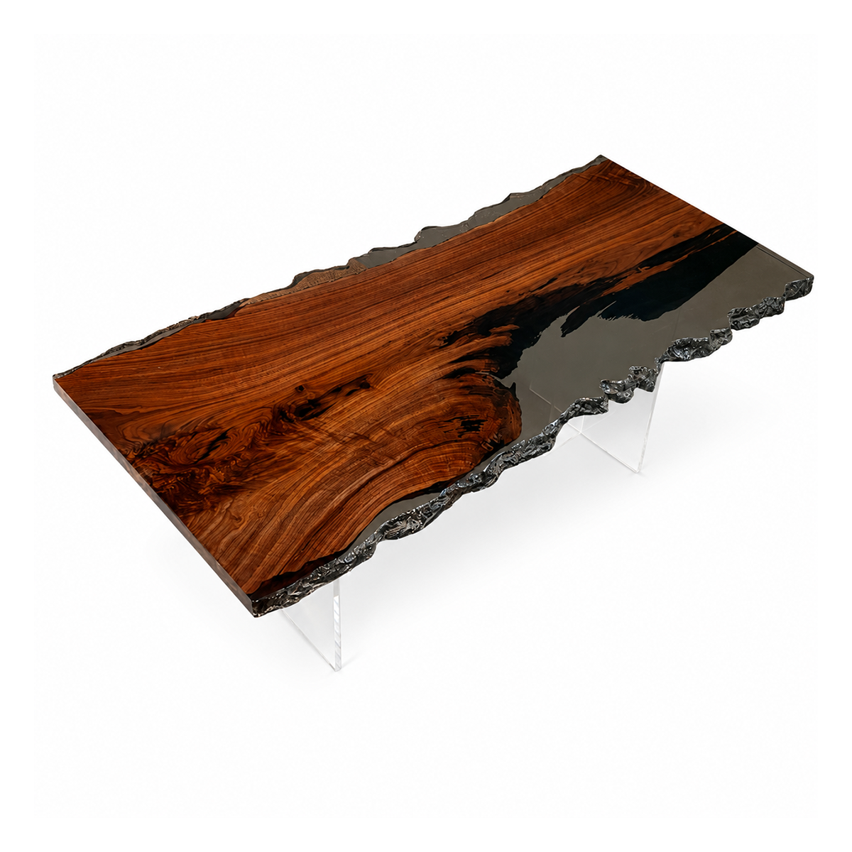 Black Walnut Wood Crystal Edge Transparent Epoxy Resin Dining Table 35.4"W x 74.8"L Thickness 2.0"
