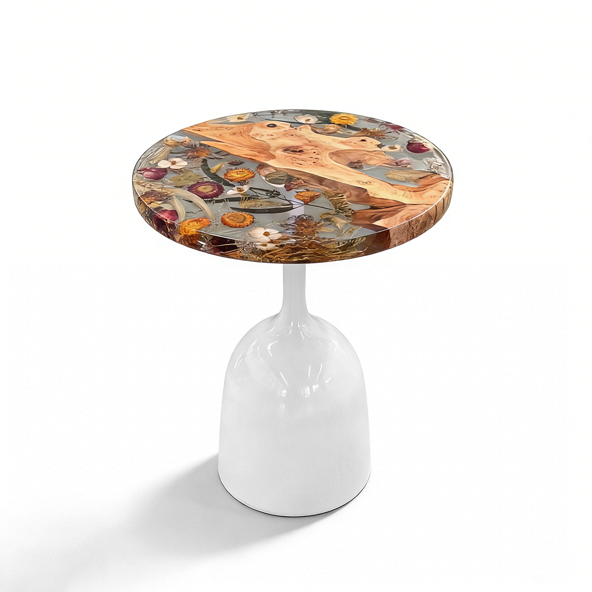 Poplar Wood Flower Resin Round Side Table