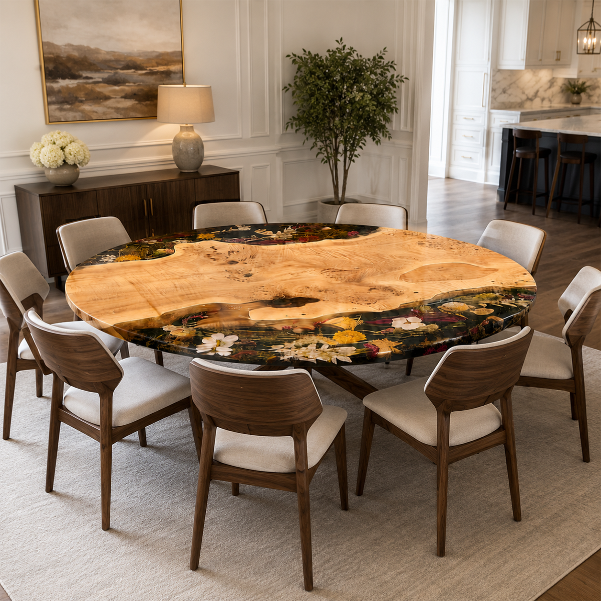 Poplar Wood Flower Round Resin Table
