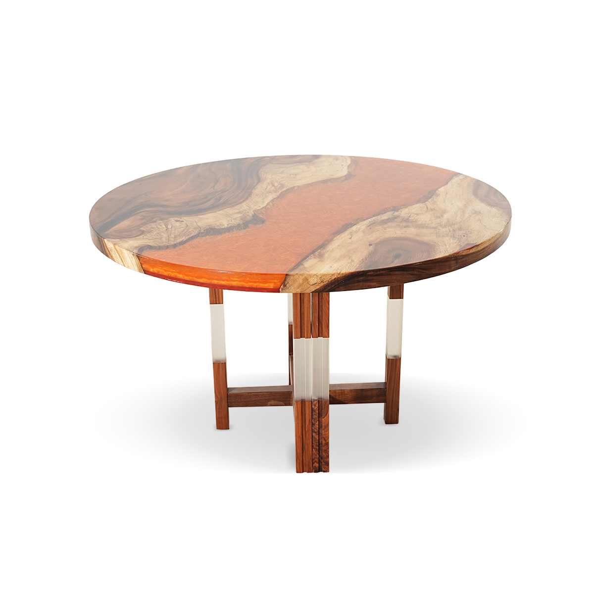 Walnut Wood Round Orange Resin Side Table