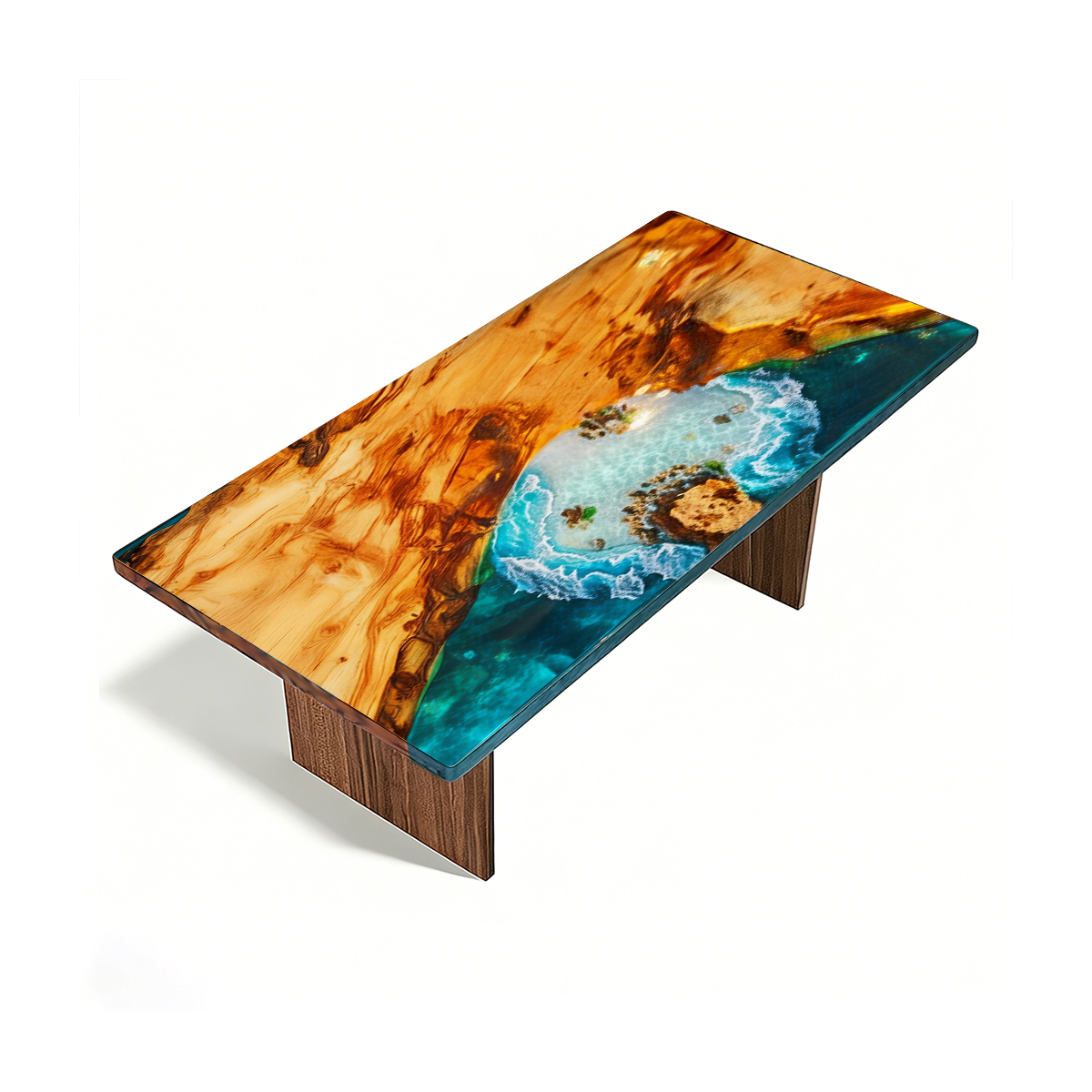 Luxury Wood Epoxy Table with Ocean/ Wave Blue Resin