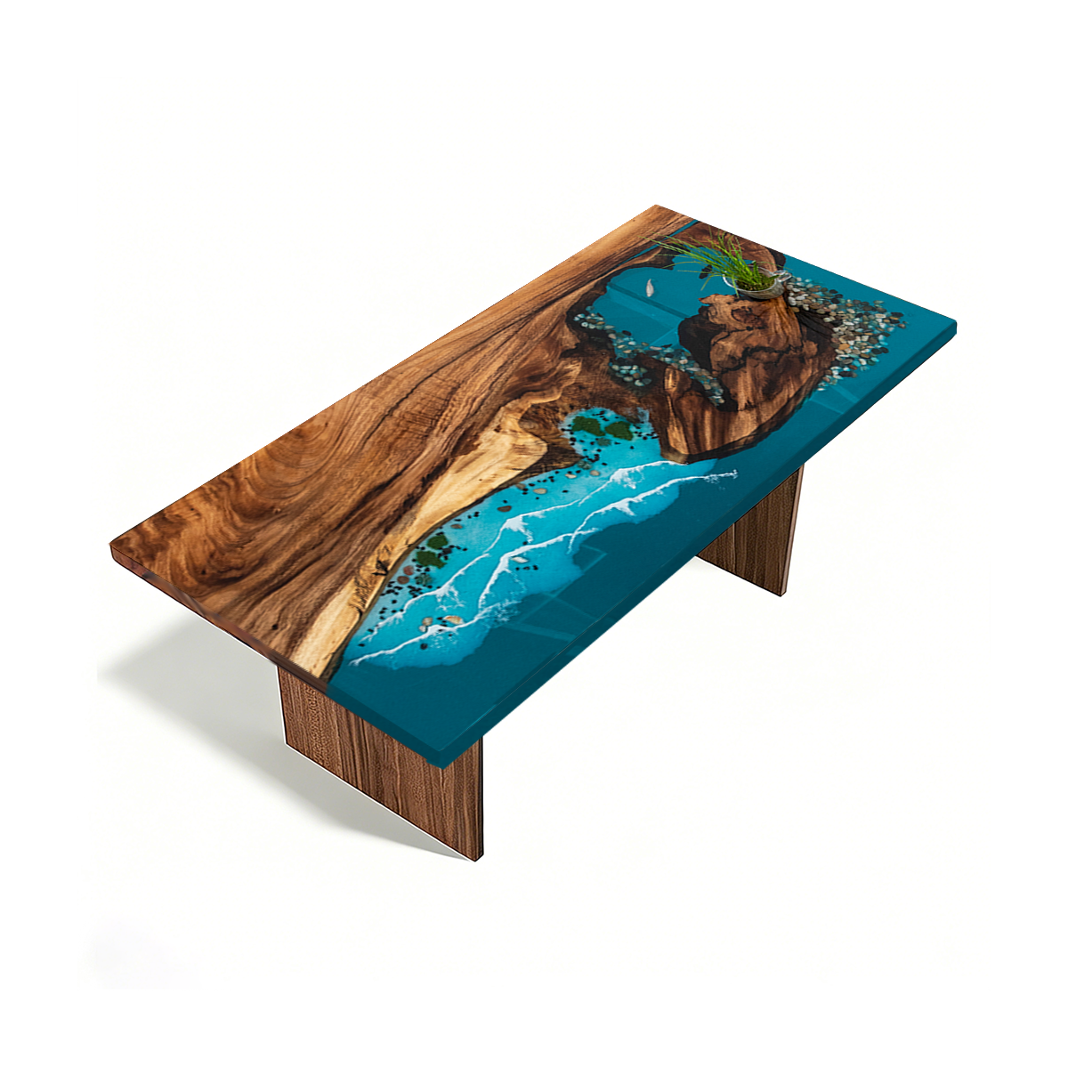 Walnut Wood Coastal Scenery Rectangle Epoxy Resin Dining Table