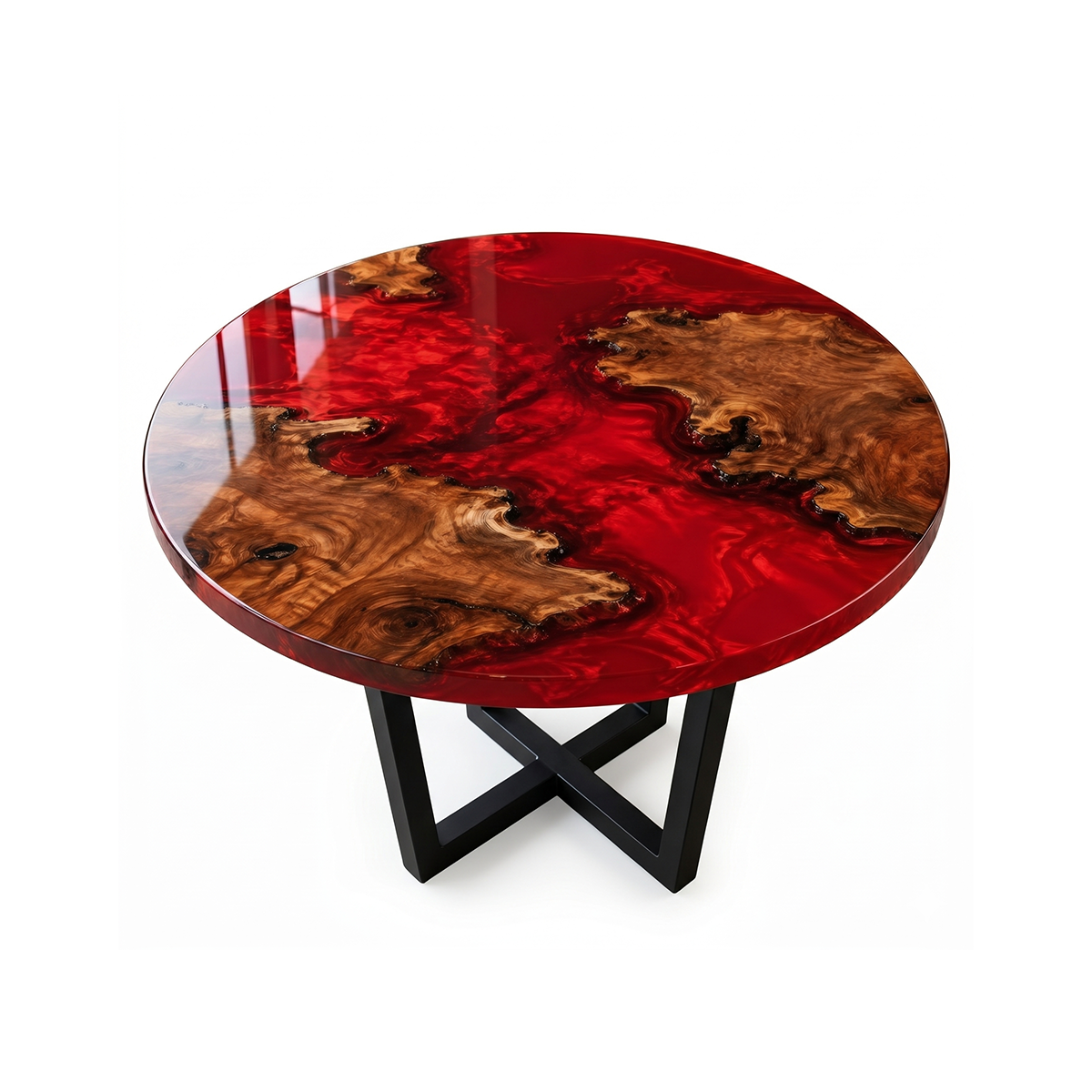 Round Burl Wood Red Epoxy Resin Coffee Table