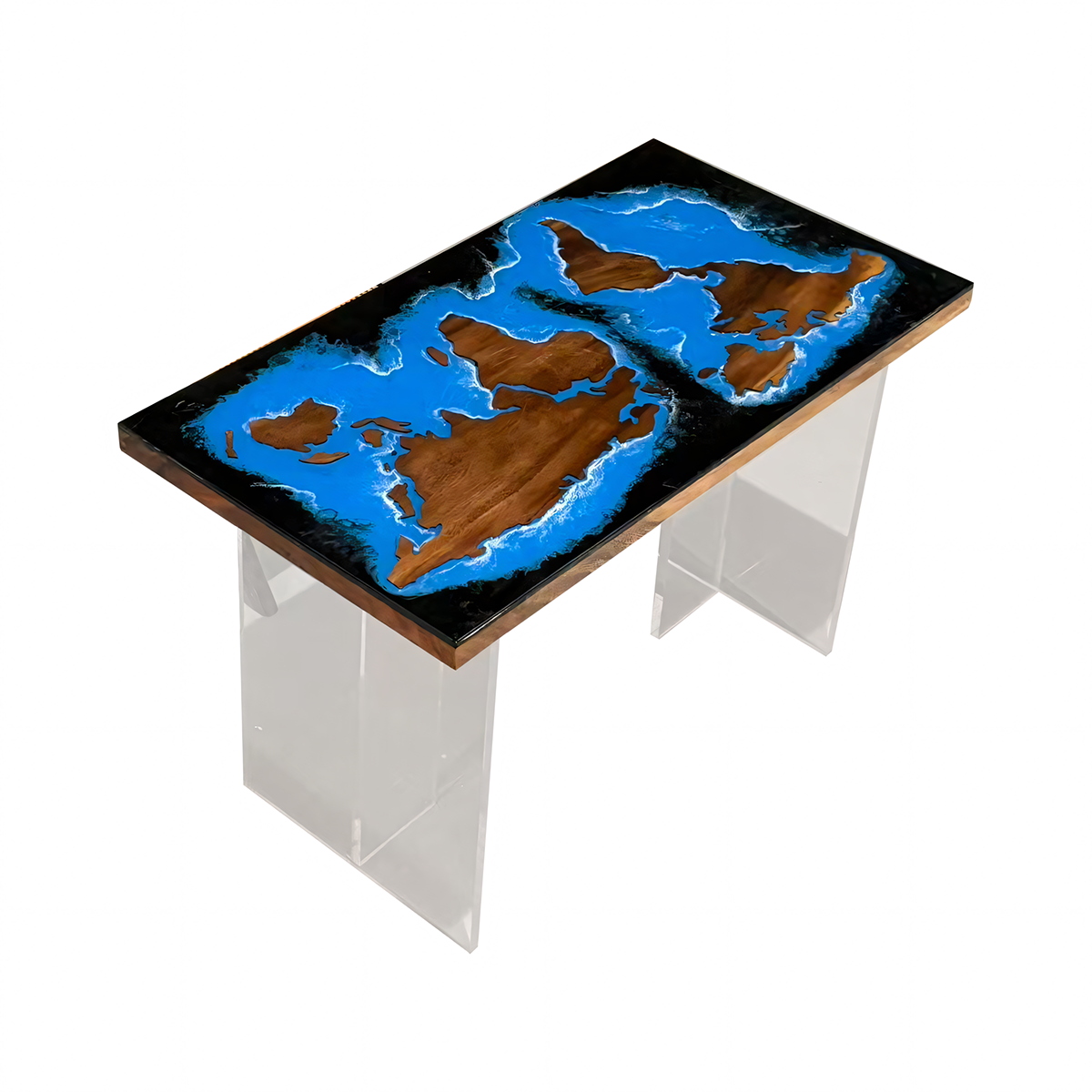 Walnut Wood Blue Ocean World Map Resin Coffee Table