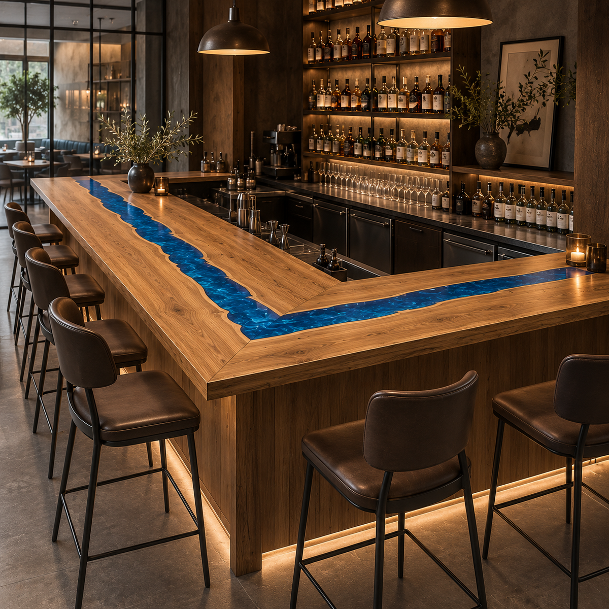 Walnut Wood Blue Epoxy L-Shape Bar Table for Restaurant