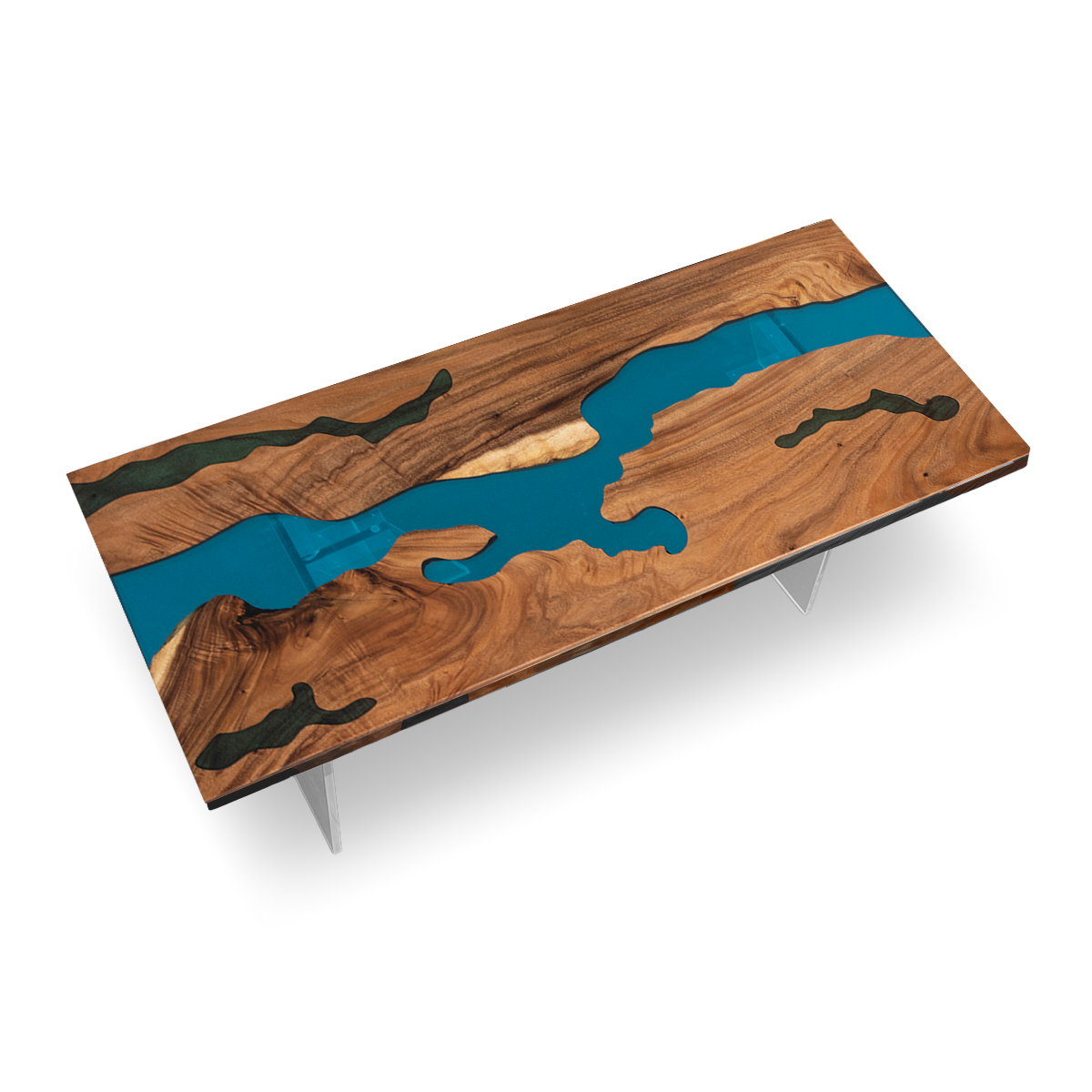 Walnut Wood Blue River Rectangular Epoxy Resin Dining Table