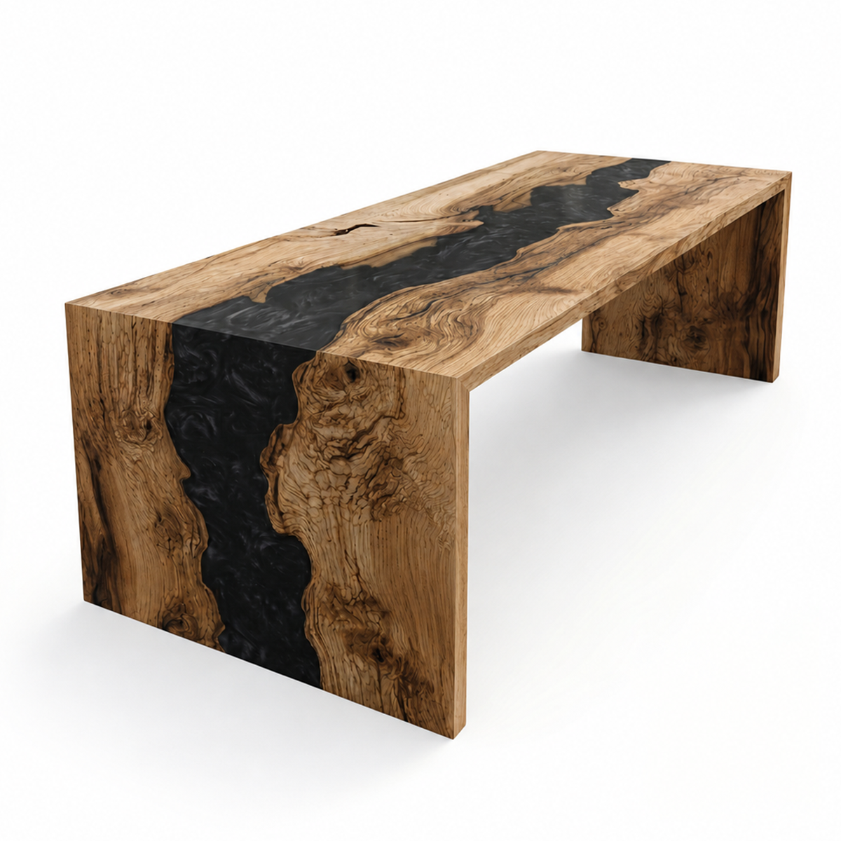 Olive Wood Black River Epoxy Resin Waterfall Dining Table
