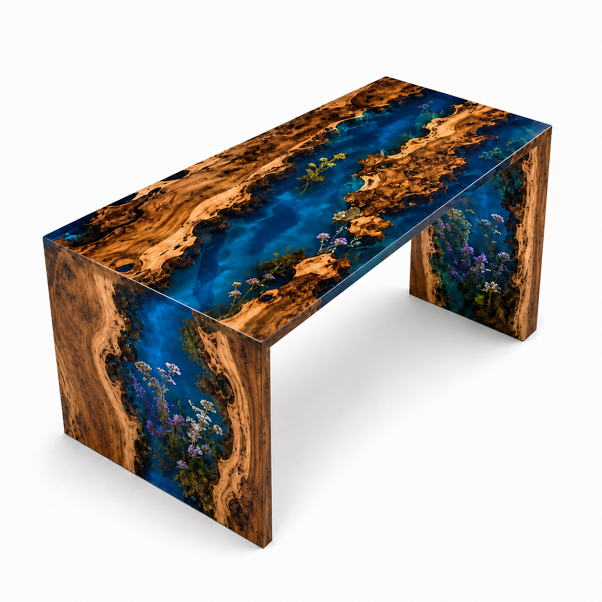 Walnut Wood Flower Blue Epoxy Resin Waterfall Dining Table