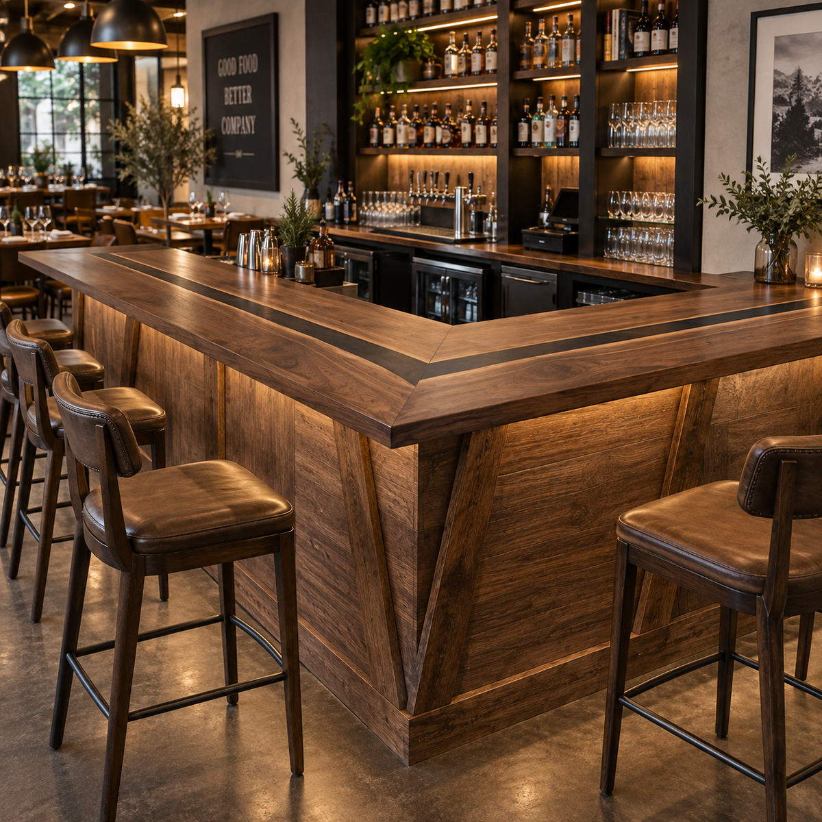 Black Walnut L-Shape Black River Epoxy Resin Bar Table for Hospitality Spaces