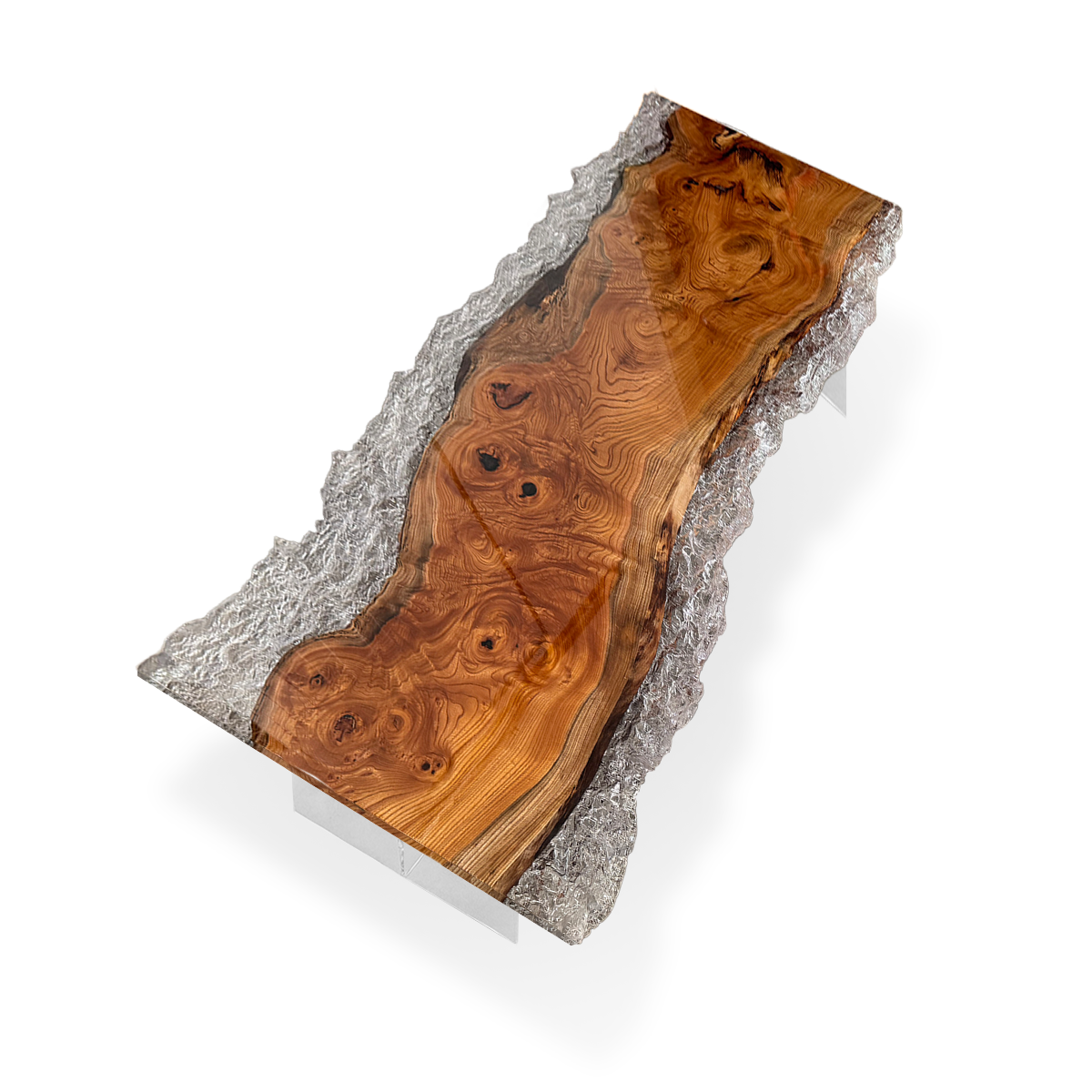 Olive Burl Wood Silver Metallic Epoxy Live Edge Dining Table