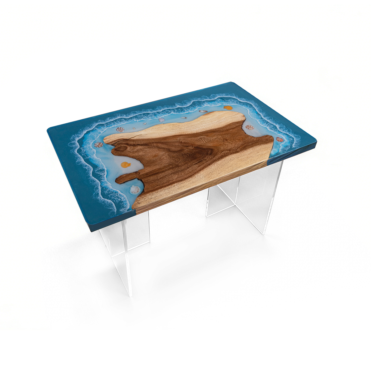 Walnut Wood Blue Wave Rectangle Coffee Table