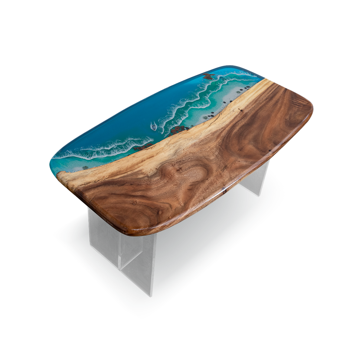Walnut Wood Blue Wave Rectangle Resin Coffee Table