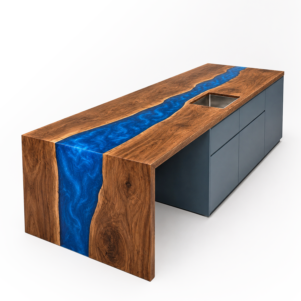 Walnut Wood Swirling Blue Epoxy Resin Table and Kitchen Bar Cabinet