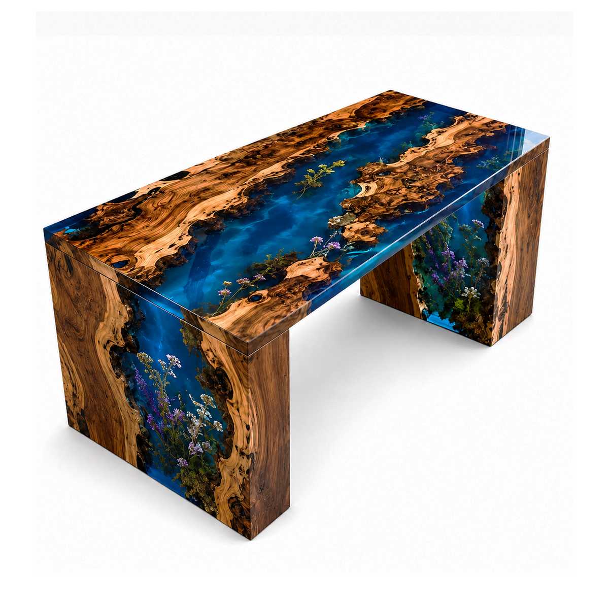 Walnut Wood Flower Blue Epoxy Resin Waterfall Dining Table