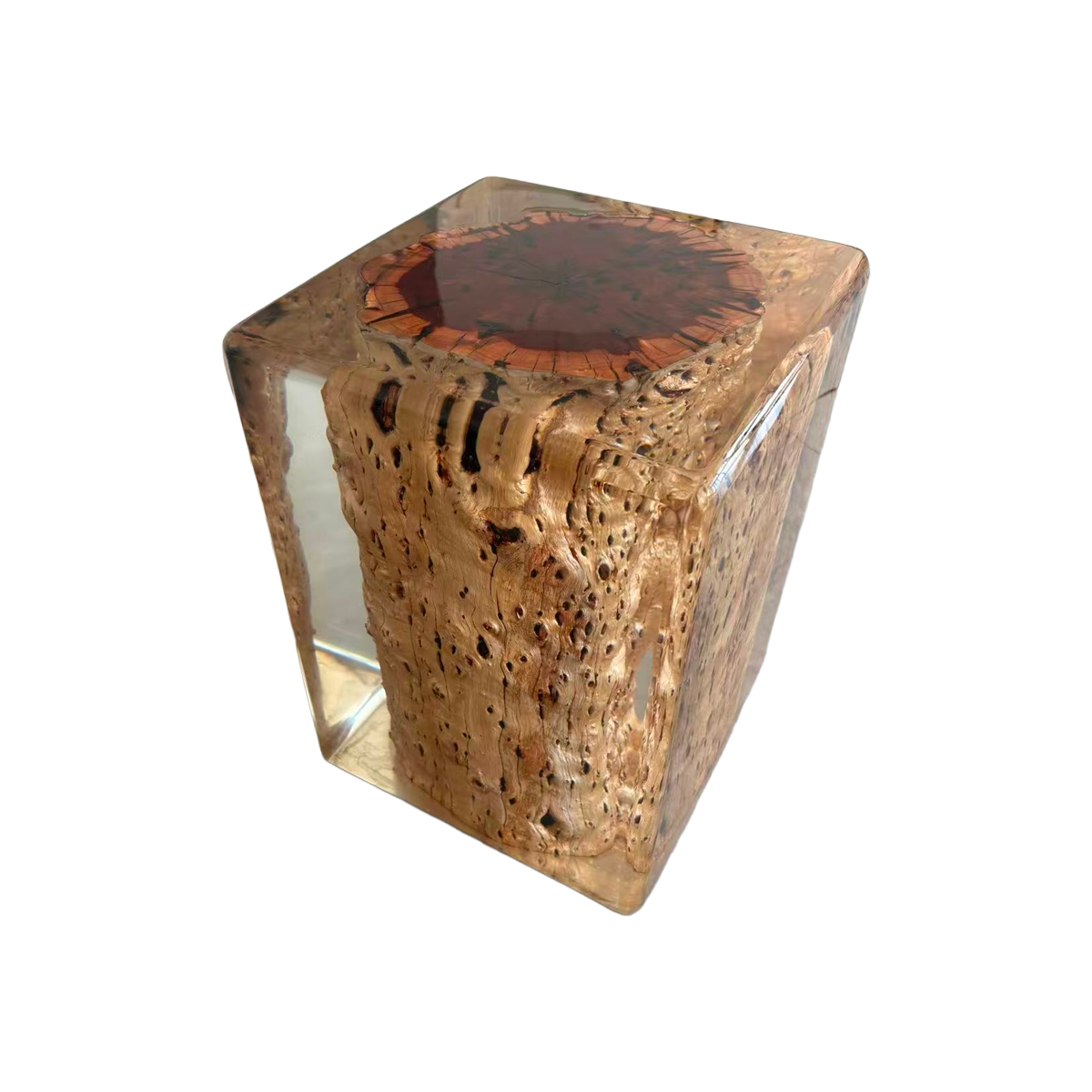 Resin Encased Burl Wood Cube Stool