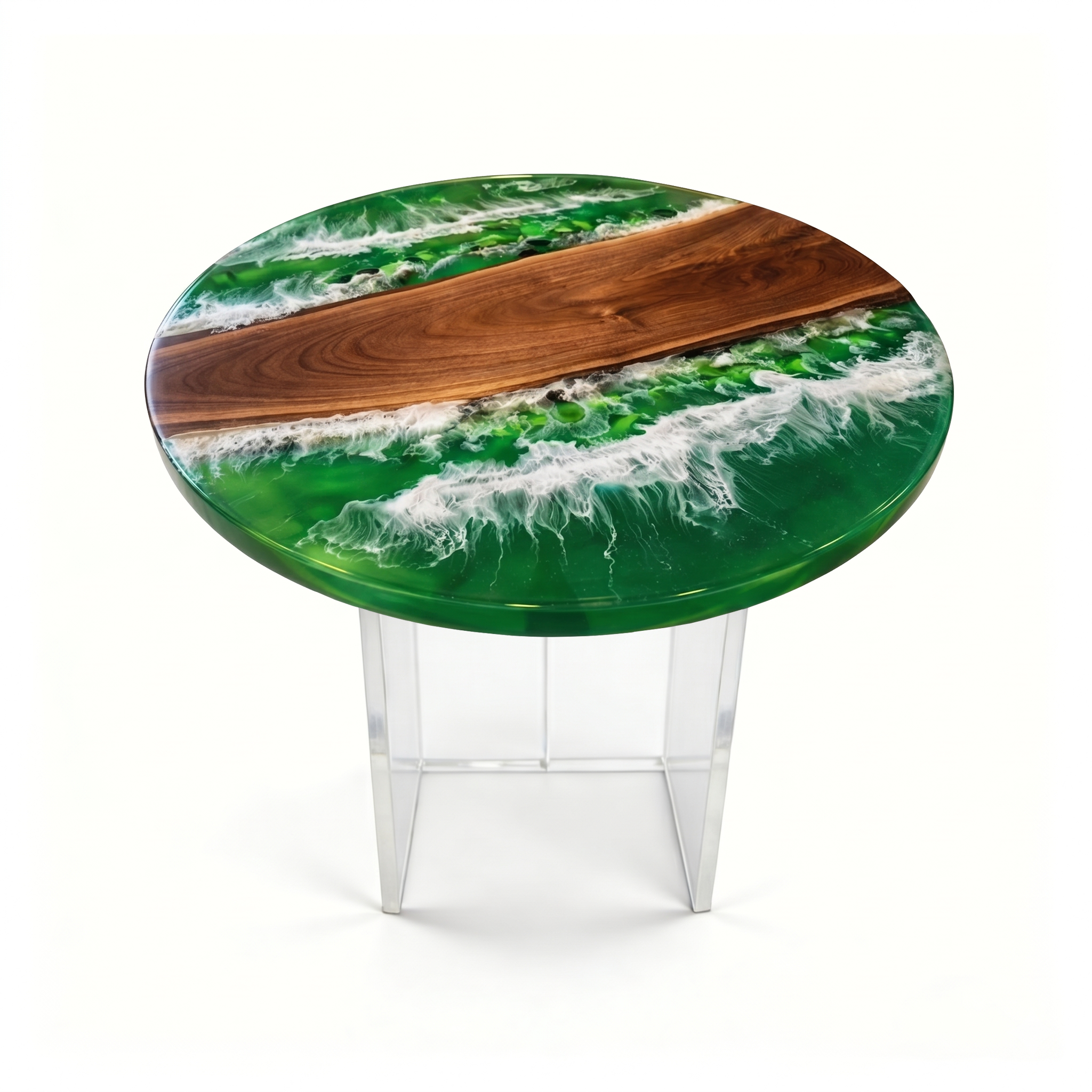 Walnut Wood Green Wave Epoxy Resin Round  Coffee Table