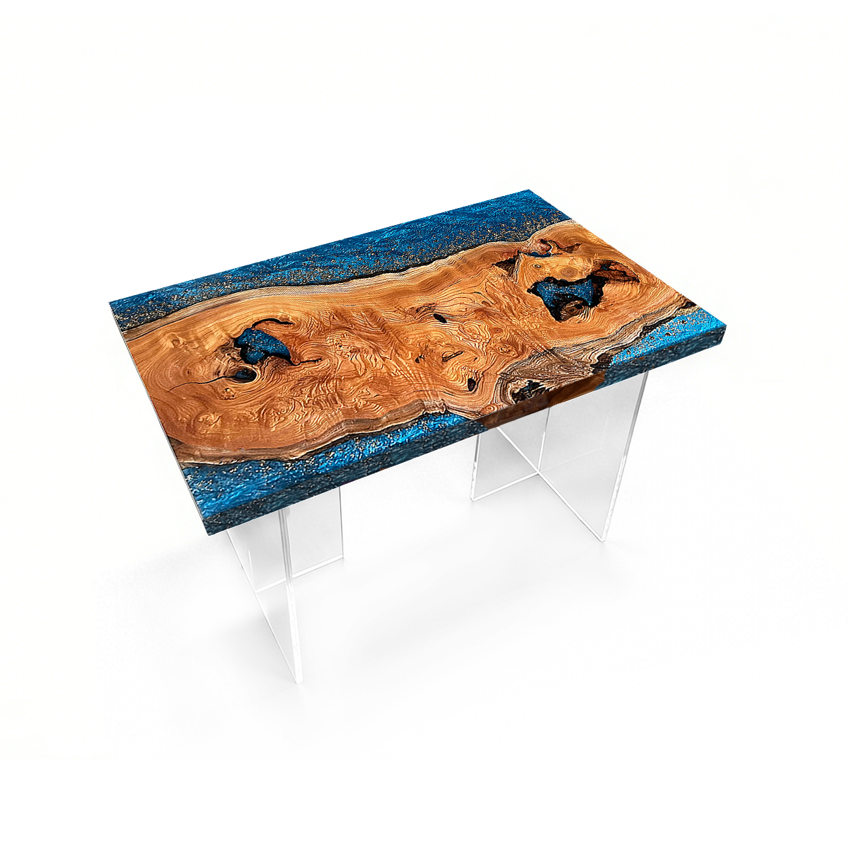 Maple Burl Wood Blue Epoxy Resin Dining Table with Gold Flakes
