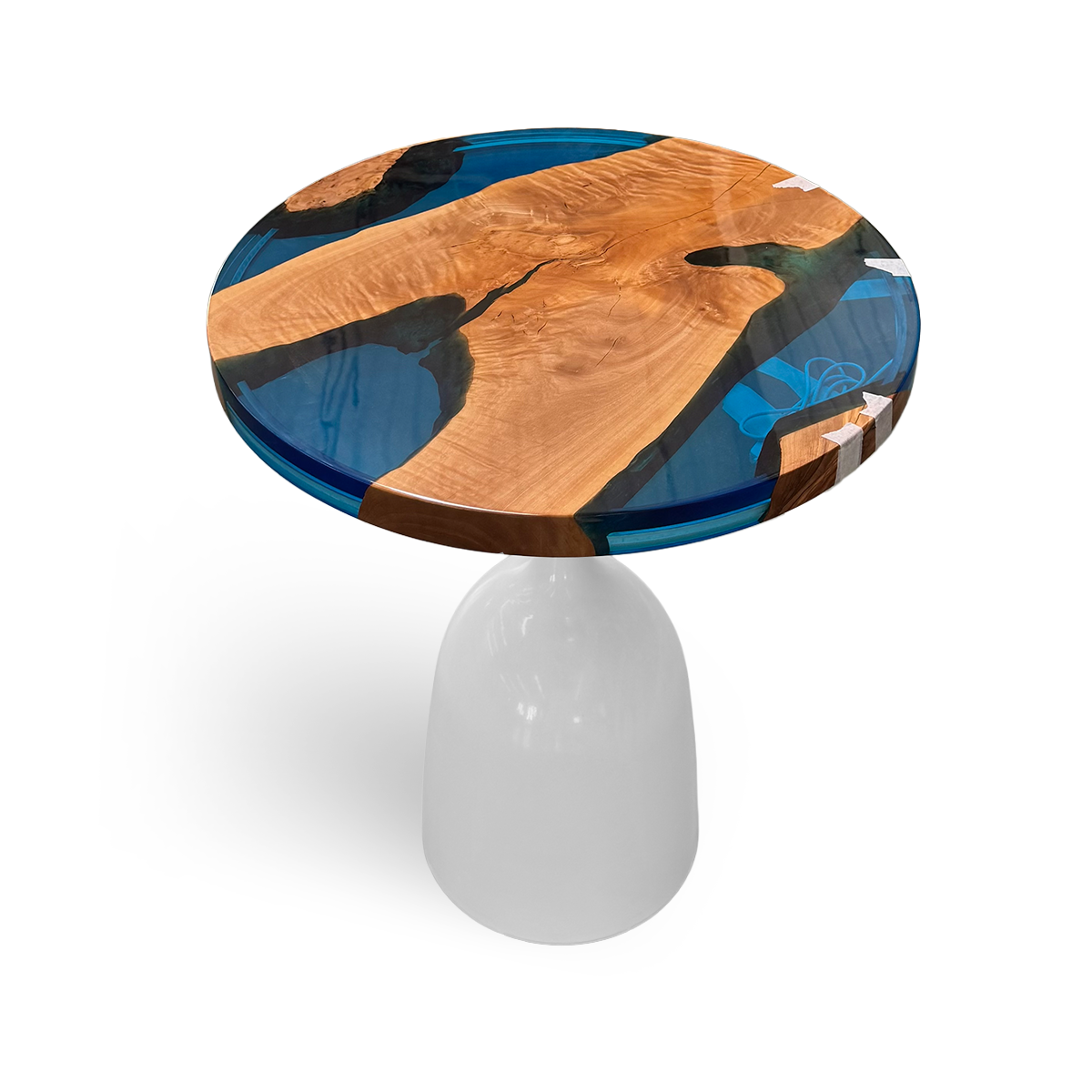 Olive Wood Blue Resin Round Side Table