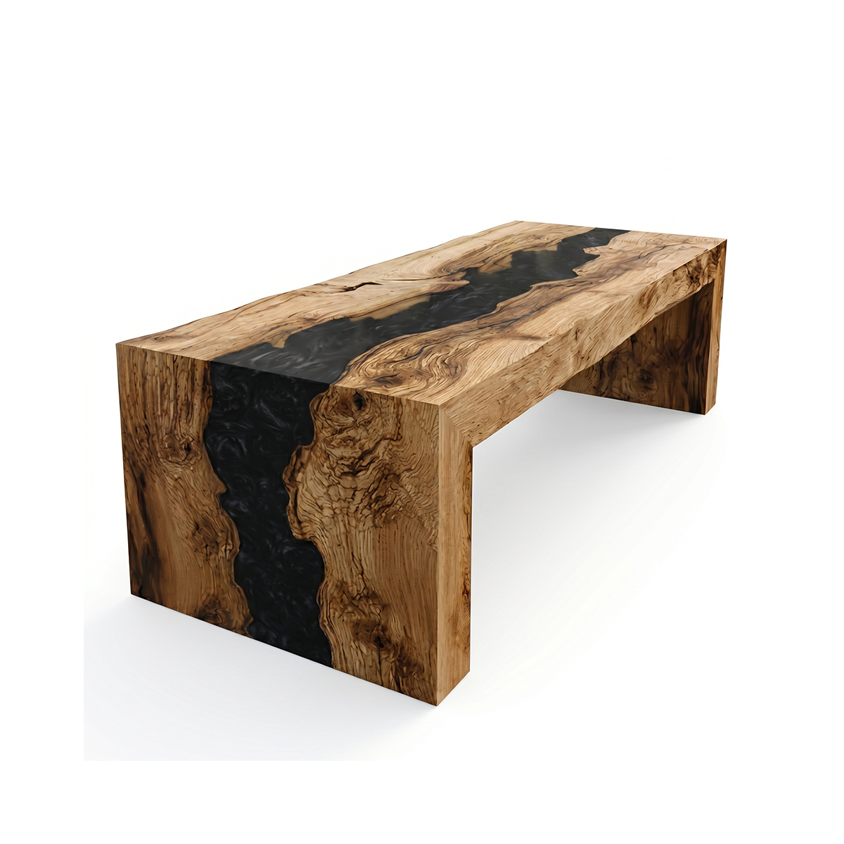 Olive Wood Black River Epoxy Resin Waterfall Dining Table