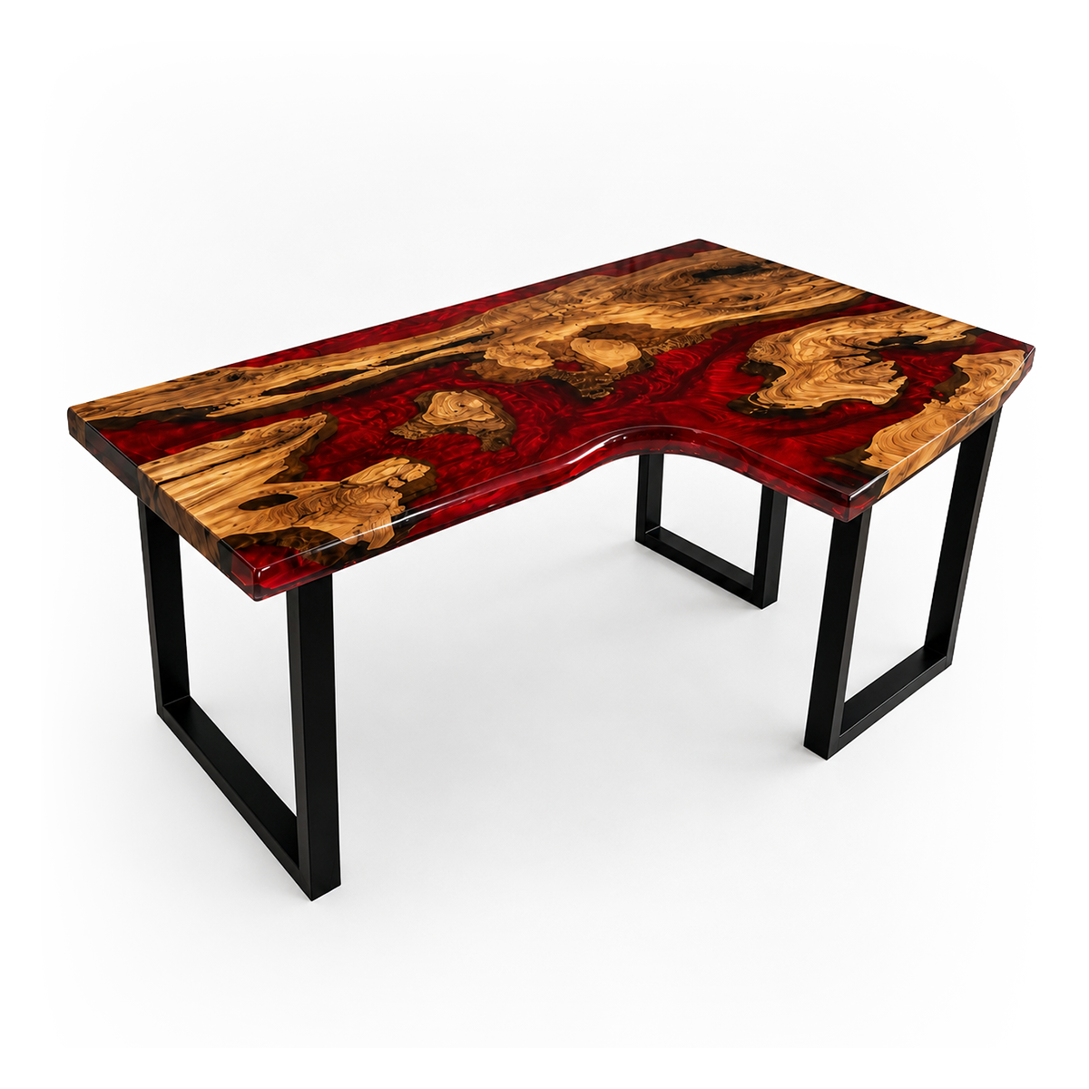 Poplar Burl Ergonomic Swirling Red Epoxy Resin Desk Table