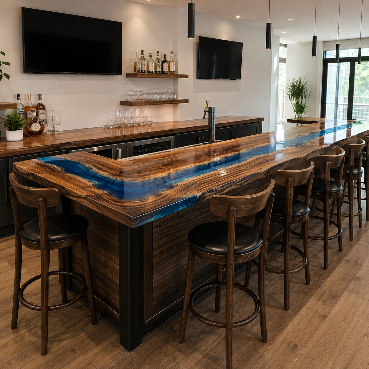 Walnut Wood L-Shaped Ocean Wave Custom Corner Epoxy Resin Bar Table