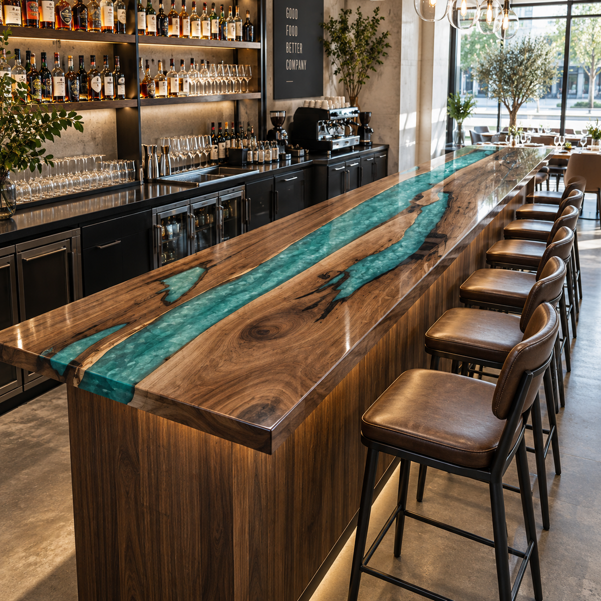 Walnut Wood L-Shape Swirl Blue Epoxy Resin Bar Counter Table