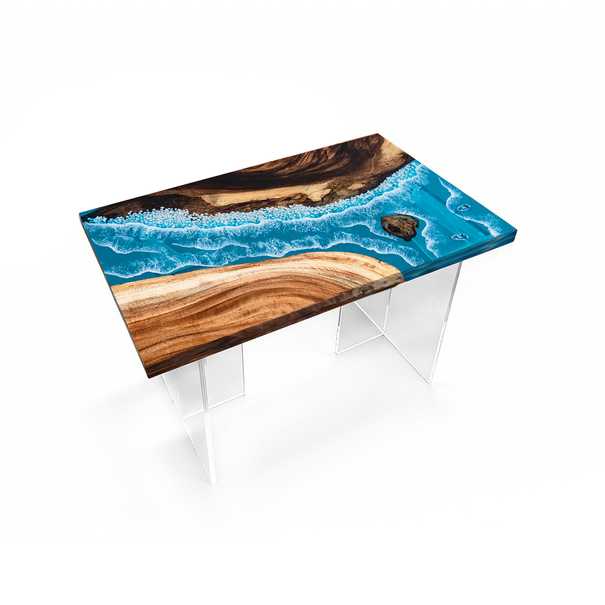 Walnut Wood Blue River Rectangle Epoxy Resin Dining Table