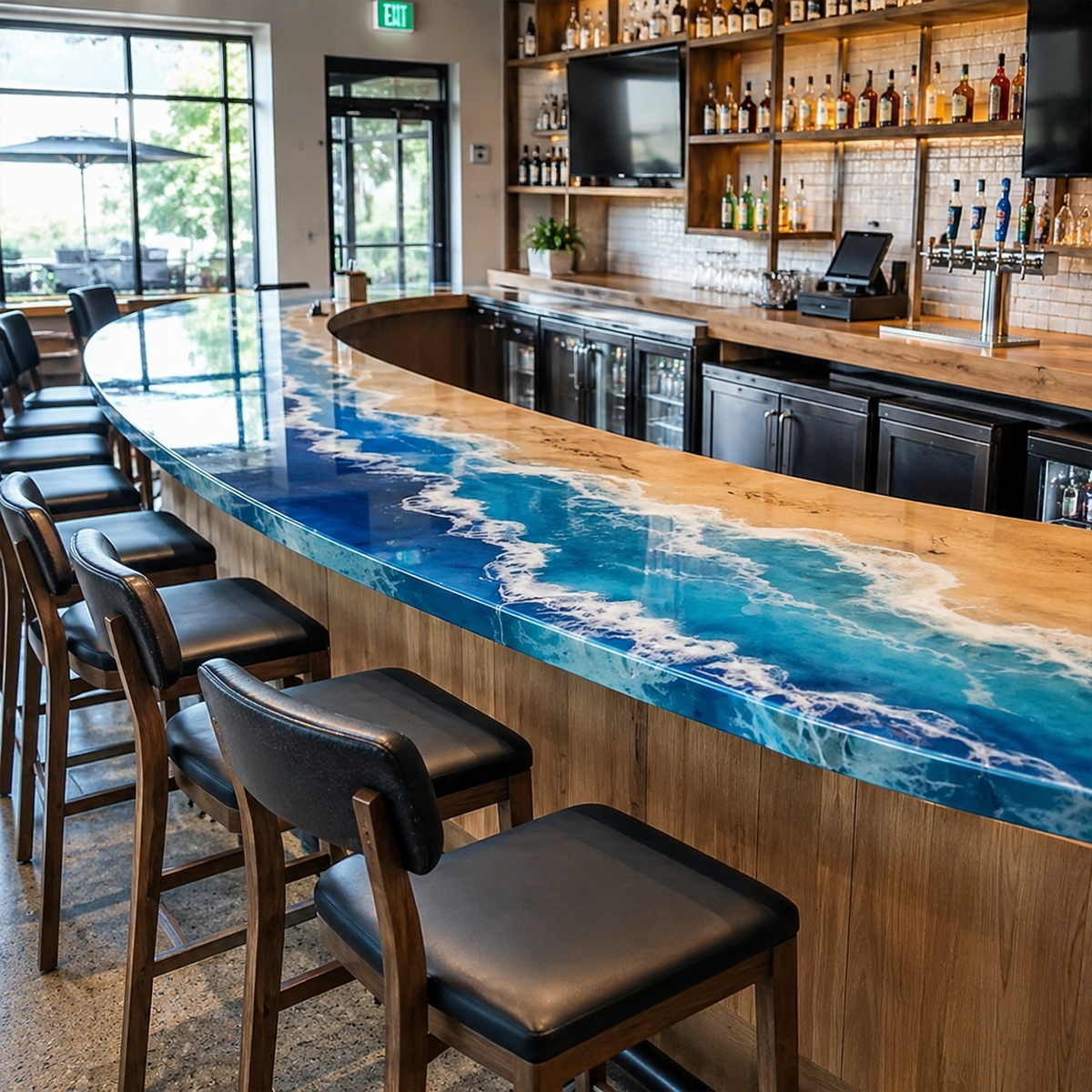 Walnut Wood Curved Ocean Wave Commercial Custom Epoxy Resin Bar Table