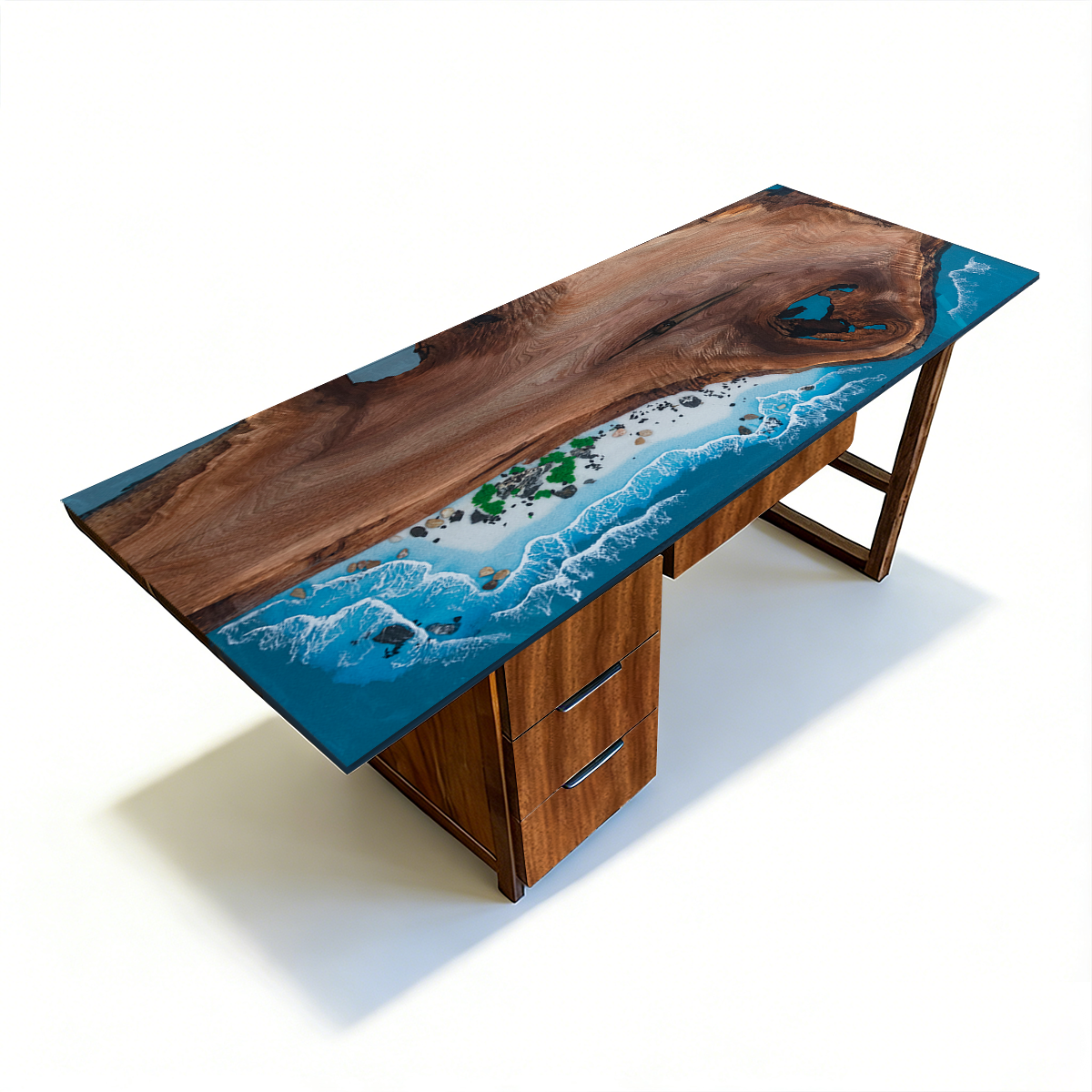Black Walnut Wood Ocean Wave Epoxy Desk