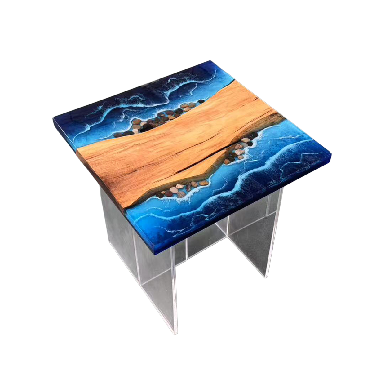 Walnut Wood Ocean Wave Resin Side Table